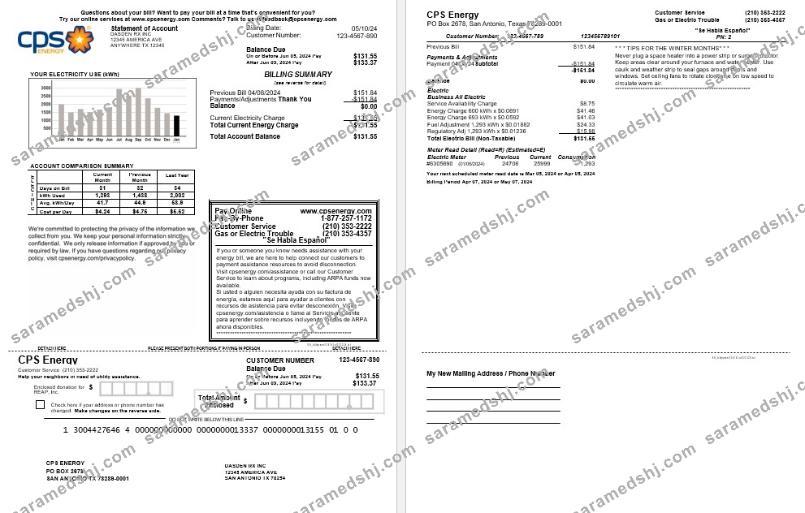 USA CPS ENERGY business utility bill Word and PDF template